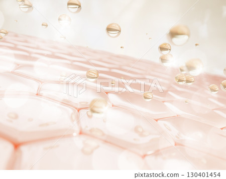 Pink 3d skin cells with gold oil drops texture. Epidermis layer with hexagon pattern and liquid cosmetic gel cream bubbles, collagen elastin serum. Face and body moisture care essence. 3D illustration 130401454