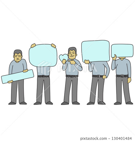set of man holding blank sign illustration vector hand drawn with black lines isolated on white background. 130401484