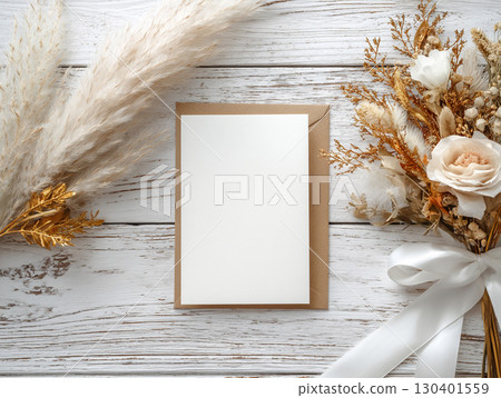 flat lay with a blank card and kraft envelope 130401559