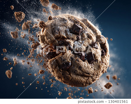 chocolate chip cookie captured mid-air, with crumbs 130401561