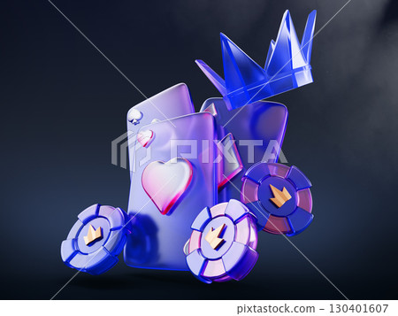 Neon 3d casino background with glass poker playing cards, purple pink chips, blue crystal crown. Gambling online game roulette or blackjack, dark night banner with tokens and ace bet. 3D illustration 130401607