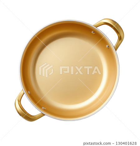 Bright and Shiny Gold Cookware Pot with Smooth Interior for Cooking and Baking in a Kitchen Setting 130401628