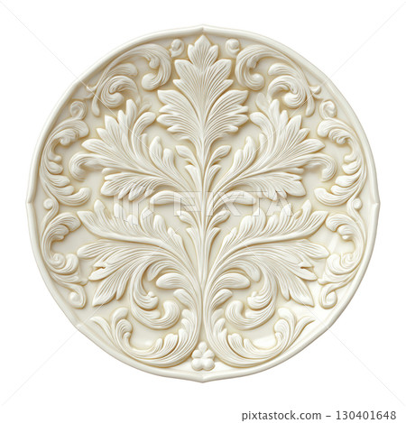 Intricate White Floral Pattern on Round Decorative Plate with Elegant Raised Design and Classic Elegance 130401648