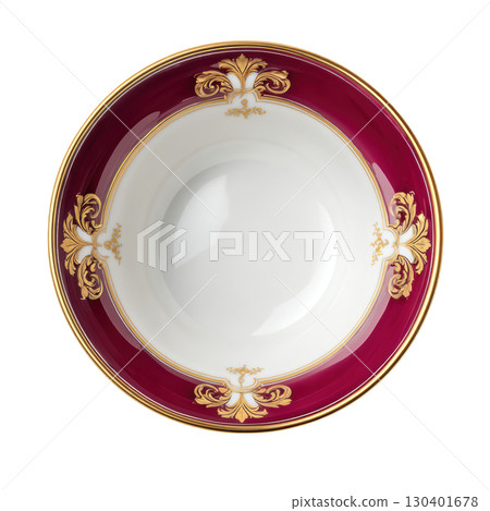 Elegant round ceramic bowl with intricate gold designs on a deep red rim perfect for dining and decorative purposes 130401678
