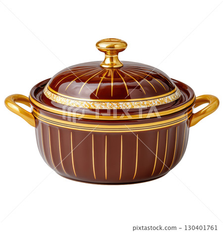 Elegant ceramic pot with gold accents and lid for stylish kitchen presentation and cooking enhancement 130401761