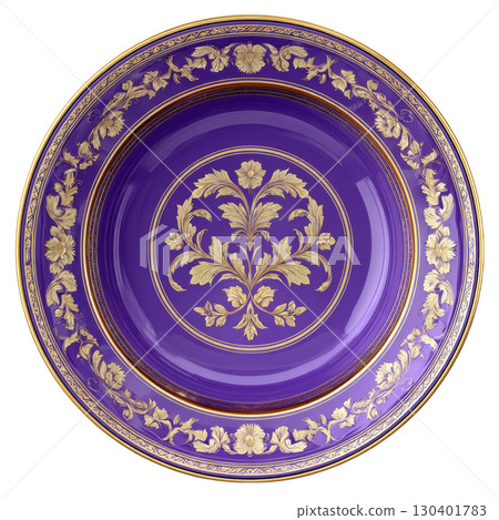 Elegant Decorative Plate with Purple Background and Intricate Gold Floral Design for Stylish Home Decor 130401783