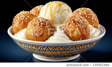 Delicious Thai Banana Fritters Battered and Fried with Sesame Seeds Served with Creamy Ice Cream and Drizzled Sauce 130401966