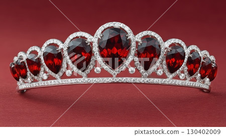 Stunning Garnet and Diamond Tiara with Elegant Heart-Shaped Design on Luxurious Red Background 130402009