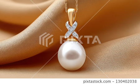 Elegant Pearl Pendant with Diamond Accents on Soft Satin Fabric Background 130402038