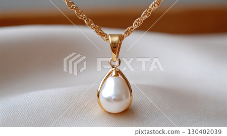 Elegant Gold Pendant with a Lustrous White Pearl on a Soft Fabric Background Elegant Gold Pendant with a Lustrous White Pearl on a Soft Fabric Background 130402039