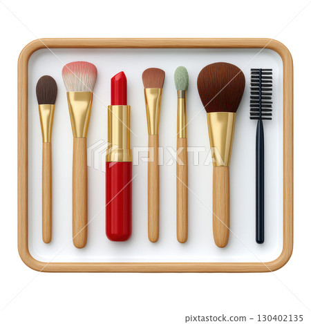 Beauty Tools Collection with Makeup Brushes and Lipstick on a White Background in a Wooden Tray 130402135