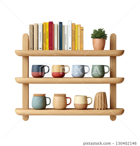 Cozy Modern Wooden Shelf Decorated with Colorful Mugs and Books in a Bright Interior Setting Cozy Modern Wooden Shelf Decorated with Colorful Mugs and Books in a Bright Interior Setting 130402146