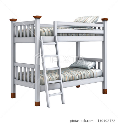 Modern Wooden Bunk Bed Design for Kids with Striped Mattresses and Simple White Finish Modern Wooden Bunk Bed Design for Kids with Striped Mattresses and Simple White Finish 130402172