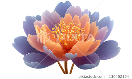 Vibrant Floral Design Featuring Orange and Purple Petals with Intricate Golden Stamen Against a Soft Background 130402194