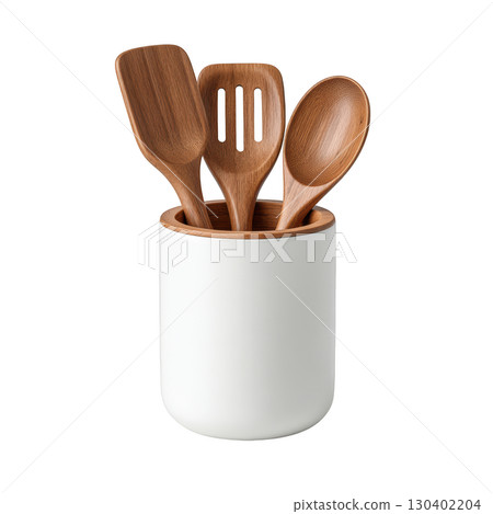 White Container with Wooden Kitchen Utensils on a Plain Background for Cooking and Food Preparation White Container with Wooden Kitchen Utensils on a Plain Background for Cooking and Food Preparation 130402204