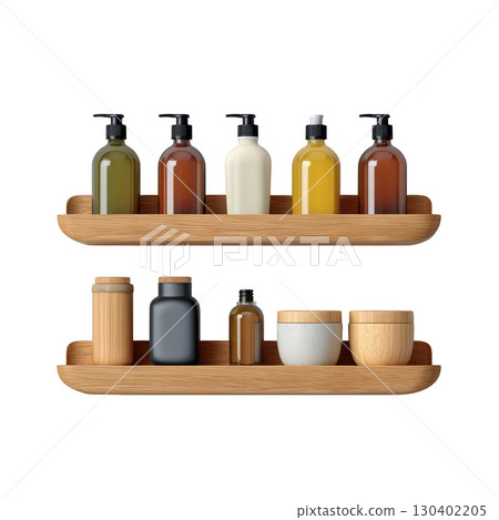 Stylish wooden shelves displaying various bottles and containers in a minimalist bathroom decor setting 130402205