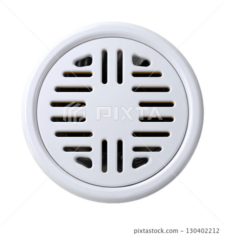 Round White Drain Cover with Ventilation Slots for Bathroom or Kitchen Use, Isolated on White Background 130402212