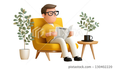 Cozy Indoor Scene with Cartoon Man Reading Newspaper in Bright Yellow Armchair Surrounded by Indoor Plants 130402220