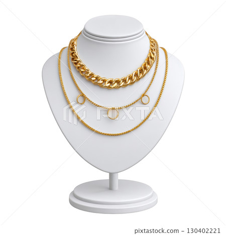 Elegant Display of Layered Gold Necklaces on a Jewelry Stand for High-End Fashion and Accessory Photography 130402221