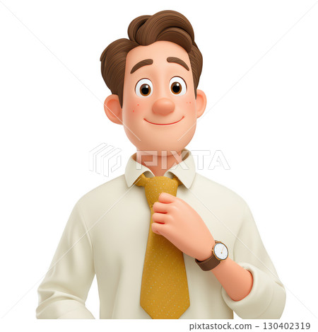 Cheerful Animated Male Character in Formal Attire with Friendly Expression and Stylish Watch 130402319