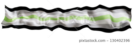 Agender pride flag prominently displays horizontal stripes in black, grey, white, and green, symbolizing diversity and inclusivity in gender identity representation. Isolated on white background. 3D. Agender pride flag prominently displays horizontal stripes in black, grey, white, and green, symbolizing diversity and inclusivity in gender identity representation. Isolated on white background. 3D. 130402396