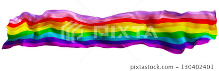 A vibrant rainbow flag is prominently displayed on a bright white background, symbolizing pride, diversity, and inclusivity for the LGBTQ community, celebrated worldwide. 3D render. 130402401