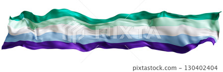 A vibrant pride flag featuring horizontal stripes in various shades of blue, green, and purple is showcased against a clean white background. This flag represents gay male pride and empowerment. 3D. 130402404