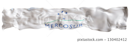 Stylized flag of Mercosur waving in the wind, isolated on white background. Footer, header or divider. Cut out wide, panoramic element. Southern Common Market. 3D. 130402412