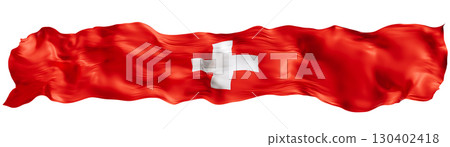 Stylized flag of Switzerland waving in the wind, isolated on white background. Footer, header or divider. Cut out wide, panoramic element. Banner for patriotic themes or national event promotions. 3D. Stylized flag of Switzerland waving in the wind, isolated on white background. Footer, header or divider. Cut out wide, panoramic element. Banner for patriotic themes or national event promotions. 3D. 130402418