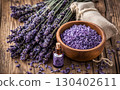 Light purple-blue lavender flowers with a pleasant, relaxing aroma. The scent soothes and relieves muscle aches and pain. AI Generated 130402611