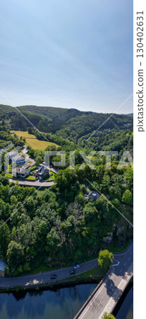 Esch-sur-Sure, Wiltz, Grand-Duche de Luxembourg, August 10, 2025, Breathtaking Aerial View of Soft Esch-sur-Sure, Wiltz, Grand-Duche de Luxembourg, August 10, 2025, Breathtaking Aerial View of Soft 130402631