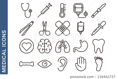 Medical icon set (stethoscope, syringe, thermometer, blood pressure monitor, etc.) 130402737