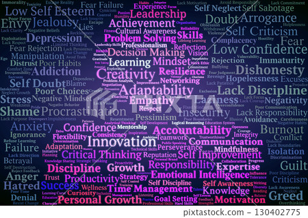 Personal Value Word Cloud. Core Qualities And Weaknesses That Shape Self-Worth, Integrity, Respect, Motivation, Resilience, And Growth In Individual Development. 130402775