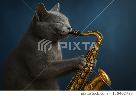 Russian Blue cat playing the saxophone 130402783