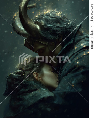 Demon hugs a witch in the night forest. Love 130402984