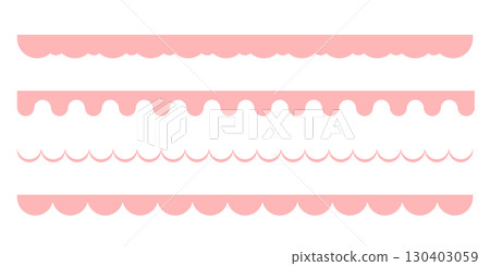 Pink Y2K scalloped lace borders seamless set. Retro girly ribbons and cute frill ornaments. Pastel vintage edge texture pattern vector illustration isolated on white Pink Y2K scalloped lace borders seamless set. Retro girly ribbons and cute frill ornaments. Pastel vintage edge texture pattern vector illustration isolated on white 130403059