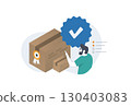 Quality control with QC process, certified approval and guarantee concept. Businessman checks product and service excellence through passed checklist for assurance, vector illustration 130403083