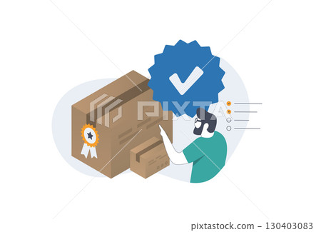 Quality control with QC process, certified approval and guarantee concept. Businessman checks product and service excellence through passed checklist for assurance, vector illustration 130403083