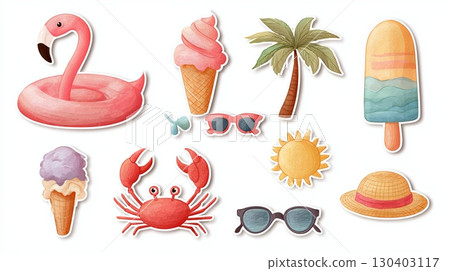 Summer Beach Icons Collection in Watercolor Style 130403117