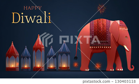 Vibrant Diwali Celebration with Elephant and Lanterns 130403118