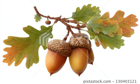 Realistic Oak Branch with Acorns and Leaves Illustration 130403121
