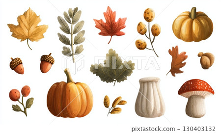 Autumn Elements Collection with Leaves and Pumpkins 130403132