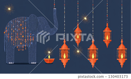 Festive Elephant and Lanterns Illustration 130403173