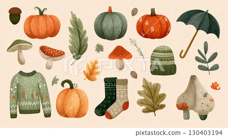 Cozy Autumn Illustration with Pumpkins and Mushrooms 130403194