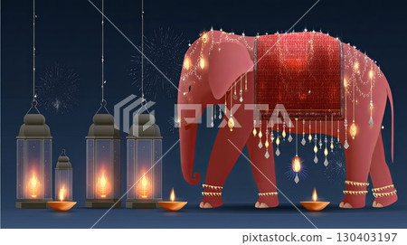 Festive Elephant with Lanterns and Fireworks Illustration 130403197