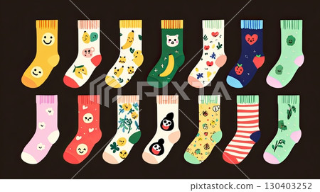 Colorful Socks with Fun Patterns on Dark Background Colorful Socks with Fun Patterns on Dark Background 130403252