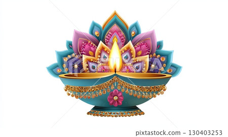 Colorful Diwali Diya with Floral Design 130403253
