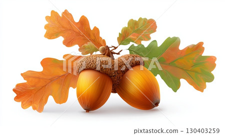 Acorns with Autumn Oak Leaves on White Background 130403259