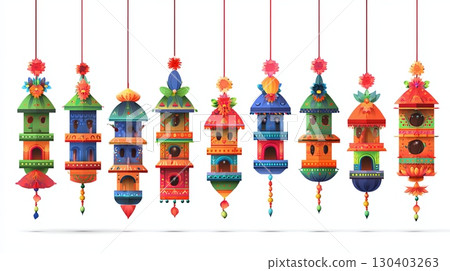 Colorful Hanging Birdhouses with Floral Decorations 130403263