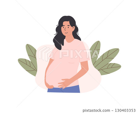 Loving pregnant woman gently holding her belly, radiating warmth, anticipation, and the deep bond between mother and unborn child. Maternity and prenatal connection. Flat style vector illustration. 130403353